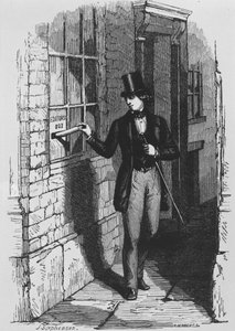 Dickens colocando su primera contribución literaria en la caja del editor de English School